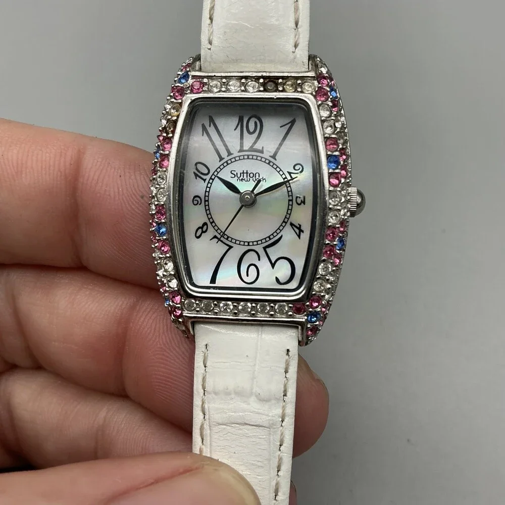 Sutton New York Womens Watch 23mm MOP Dial Crystals Leather Strap New Battery